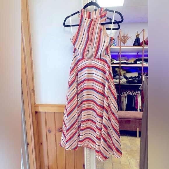 NWT FOXIEDOX Multi Color Metallic Striped Tie-neck Fit & Flare Dress Sz S - Picture 6 of 10